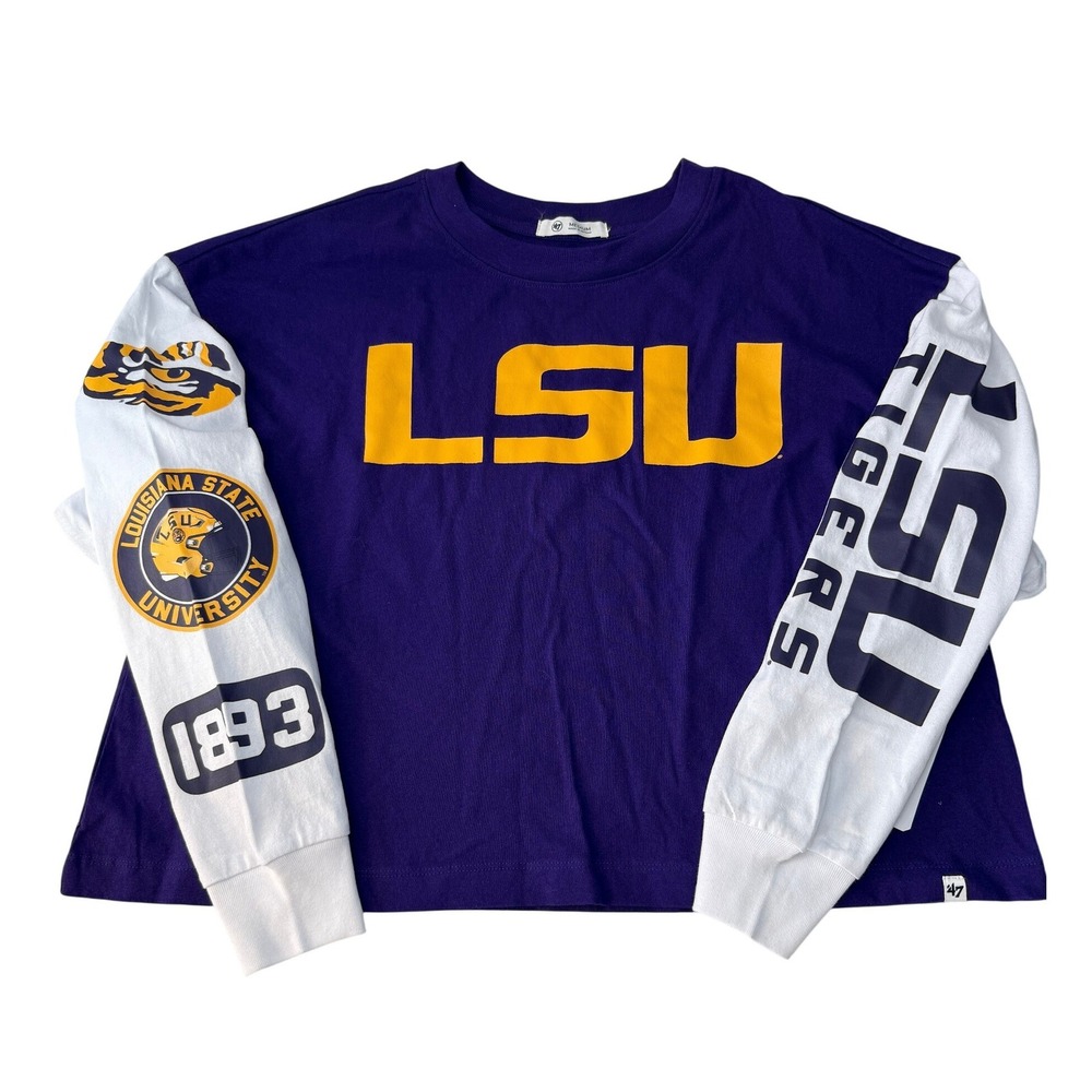 47 Brand LSU‎ Tigers Cropped Oversized Long Sleeve Tee Shirt Womens Medium New